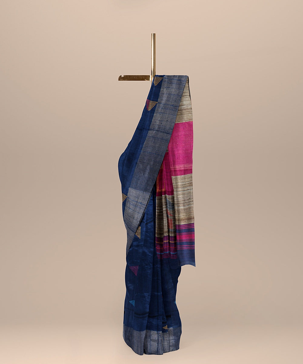 Dark blue brown raw silk handloom bhagalpur saree