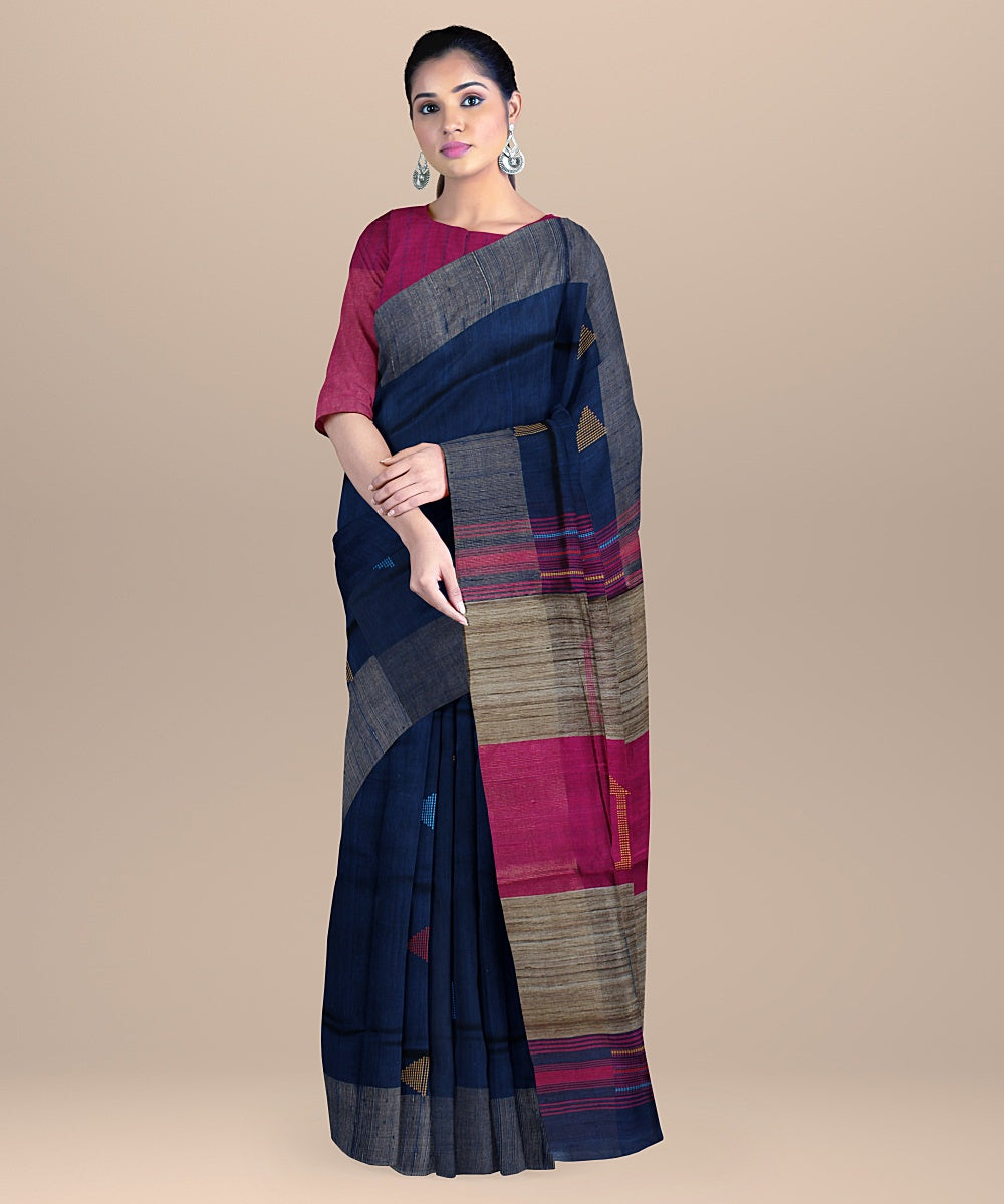 Dark blue brown raw silk handloom bhagalpur saree