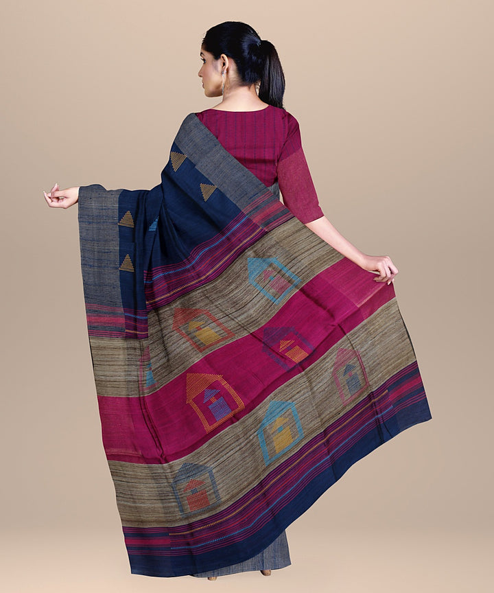 Dark blue brown raw silk handloom bhagalpur saree