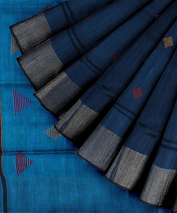 Dark blue cobalt blue raw silk handloom bhagalpur saree