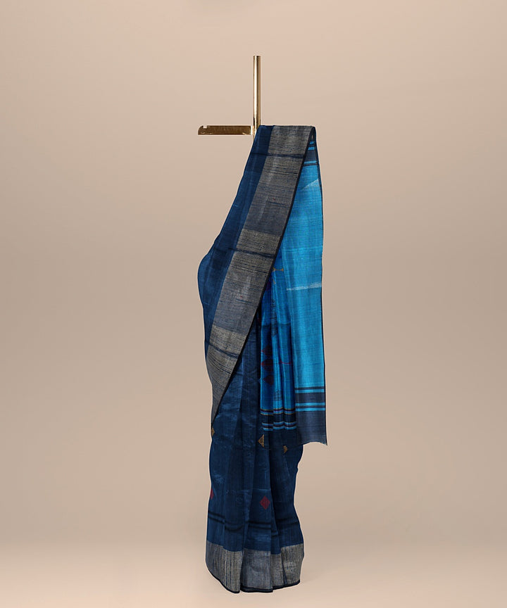 Dark blue cobalt blue raw silk handloom bhagalpur saree