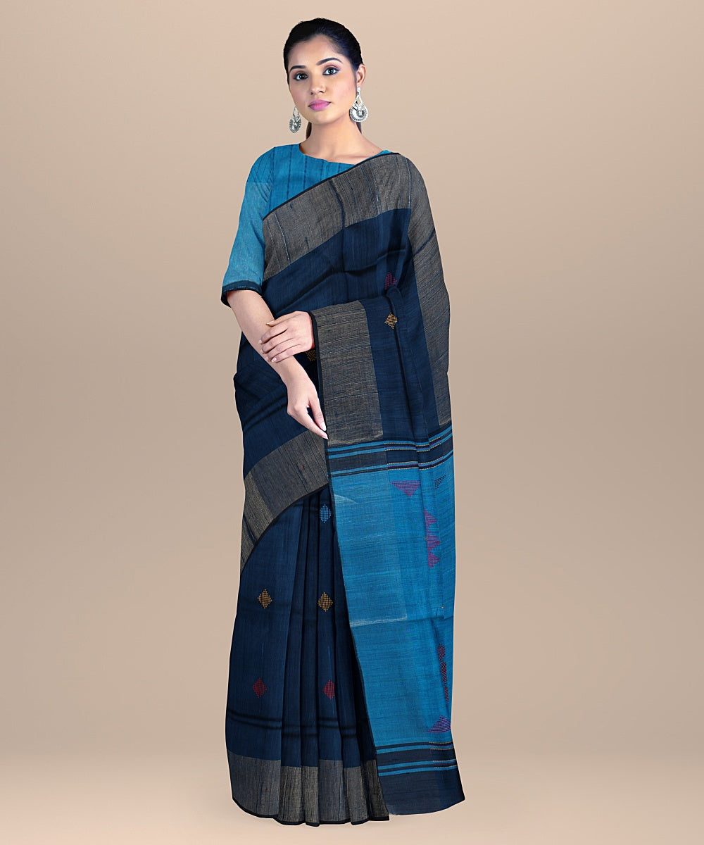 Dark blue cobalt blue raw silk handloom bhagalpur saree