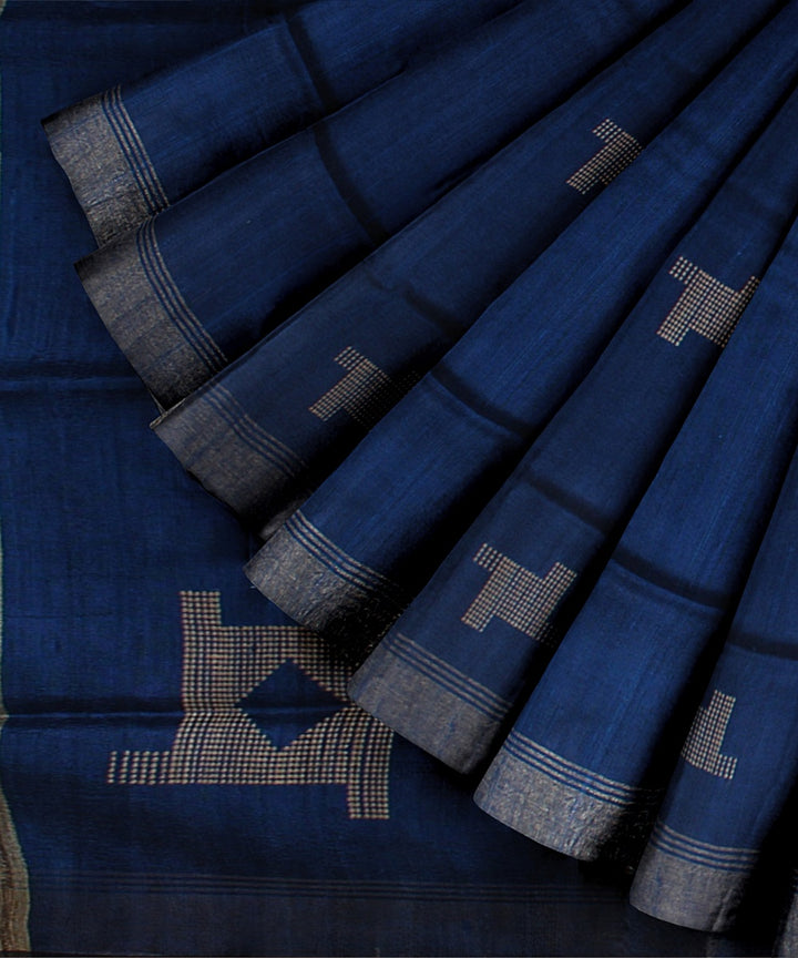 Dark blue raw silk bhagalpur handloom saree