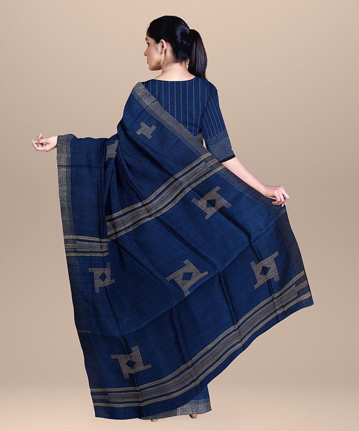 Dark blue raw silk bhagalpur handloom saree