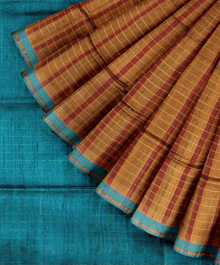 Mustard checked cyan raw silk handloom bhagalpur saree