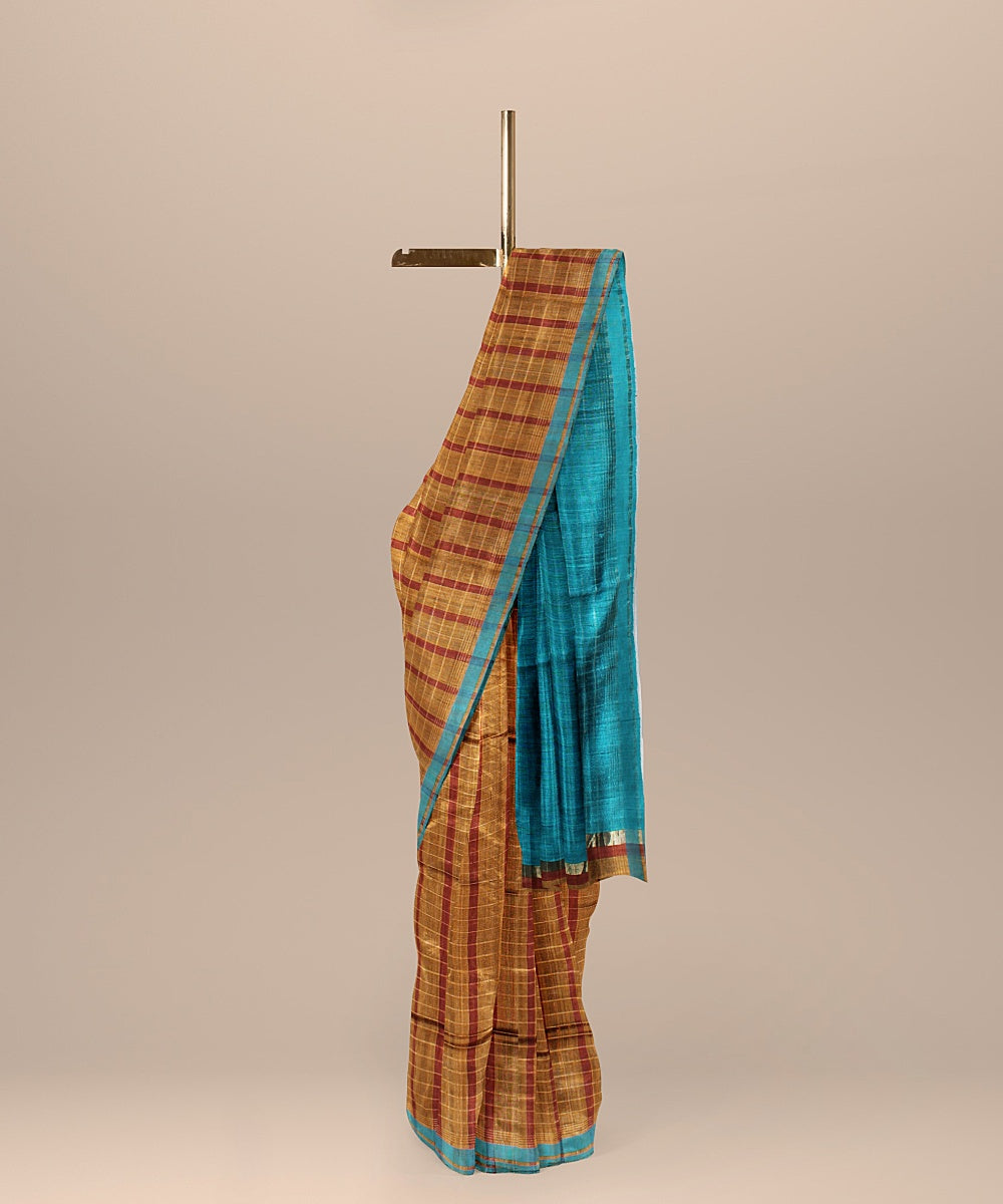 Mustard checked cyan raw silk handloom bhagalpur saree