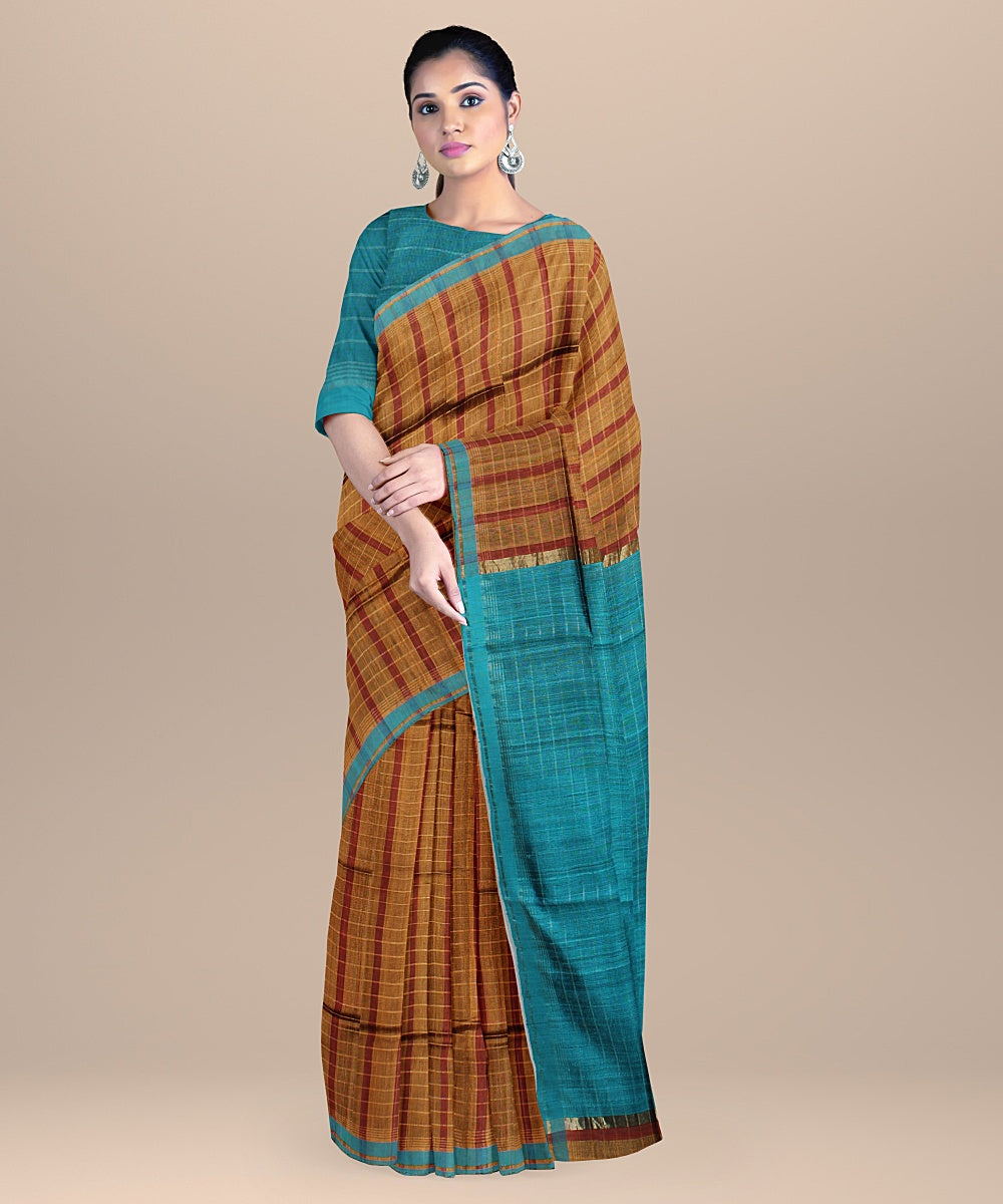 Mustard checked cyan raw silk handloom bhagalpur saree
