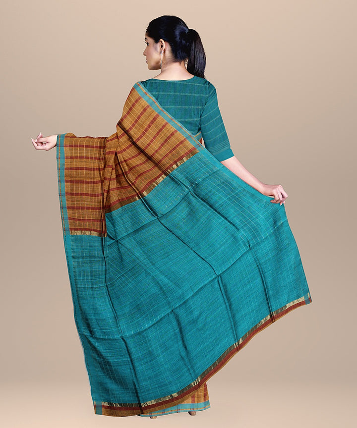 Mustard checked cyan raw silk handloom bhagalpur saree