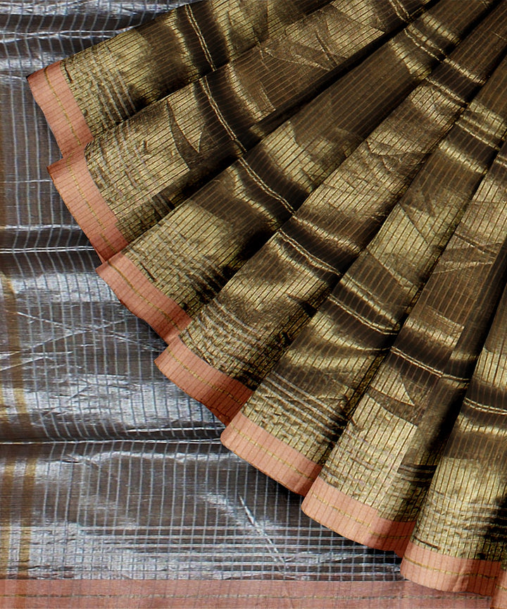 Olive green grey raw silk handloom bhagalpur saree