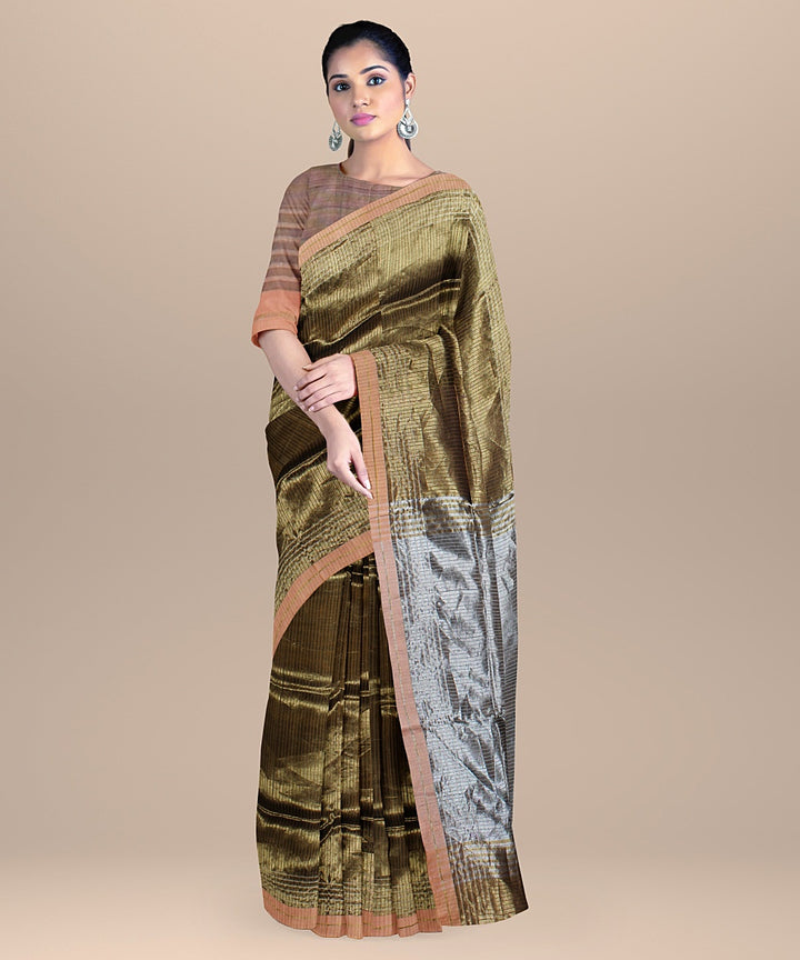 Olive green grey raw silk handloom bhagalpur saree