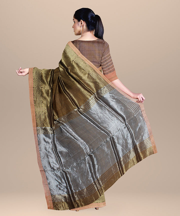 Olive green grey raw silk handloom bhagalpur saree