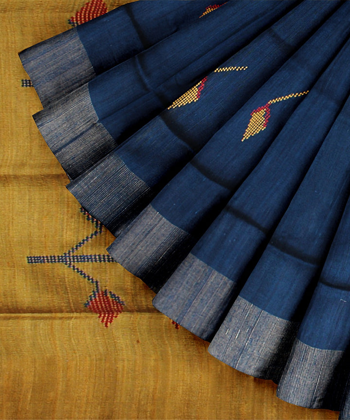 Deep blue mustard raw silk handloom bhagalpur saree