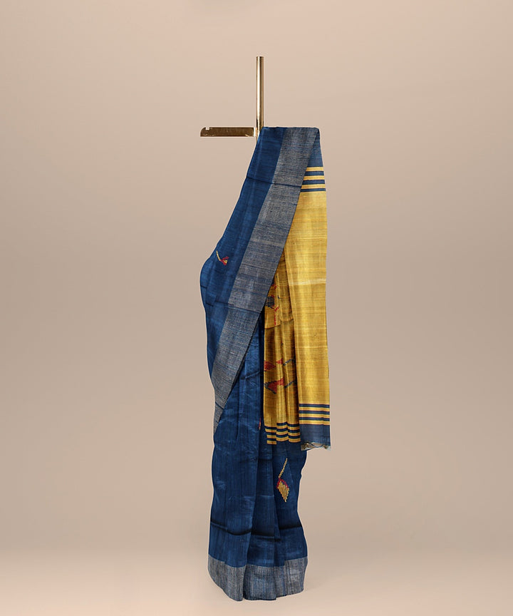 Deep blue mustard raw silk handloom bhagalpur saree