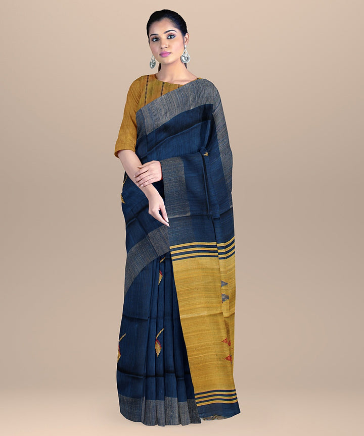 Deep blue mustard raw silk handloom bhagalpur saree