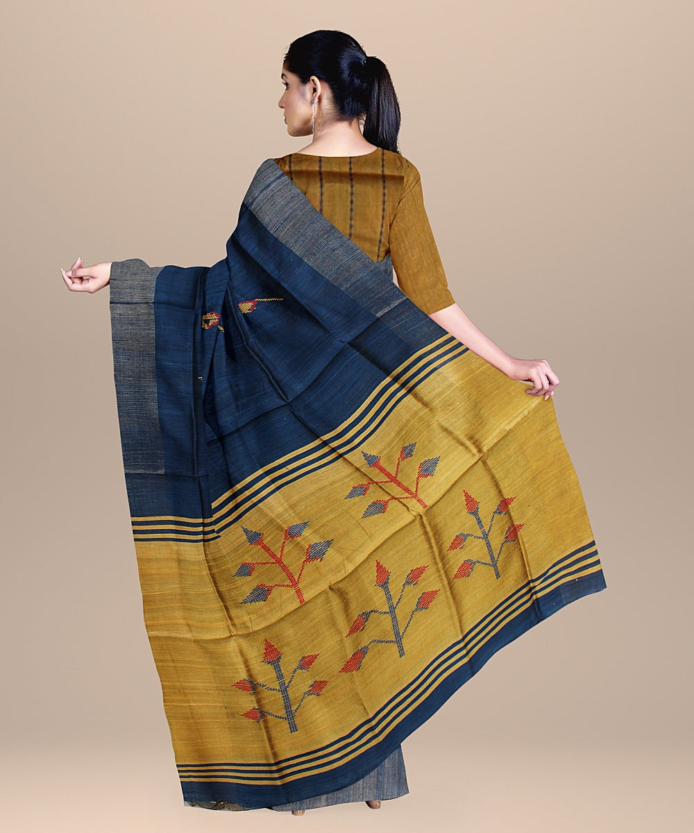 Deep blue mustard raw silk handloom bhagalpur saree
