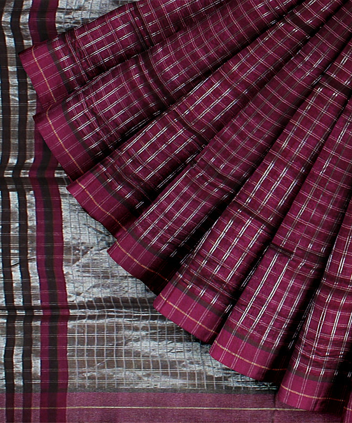 Purple checked raw silk handloom bhagalpur saree