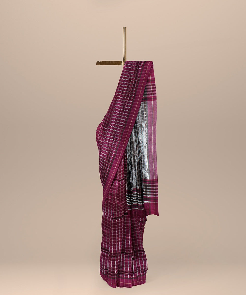 Purple checked raw silk handloom bhagalpur saree