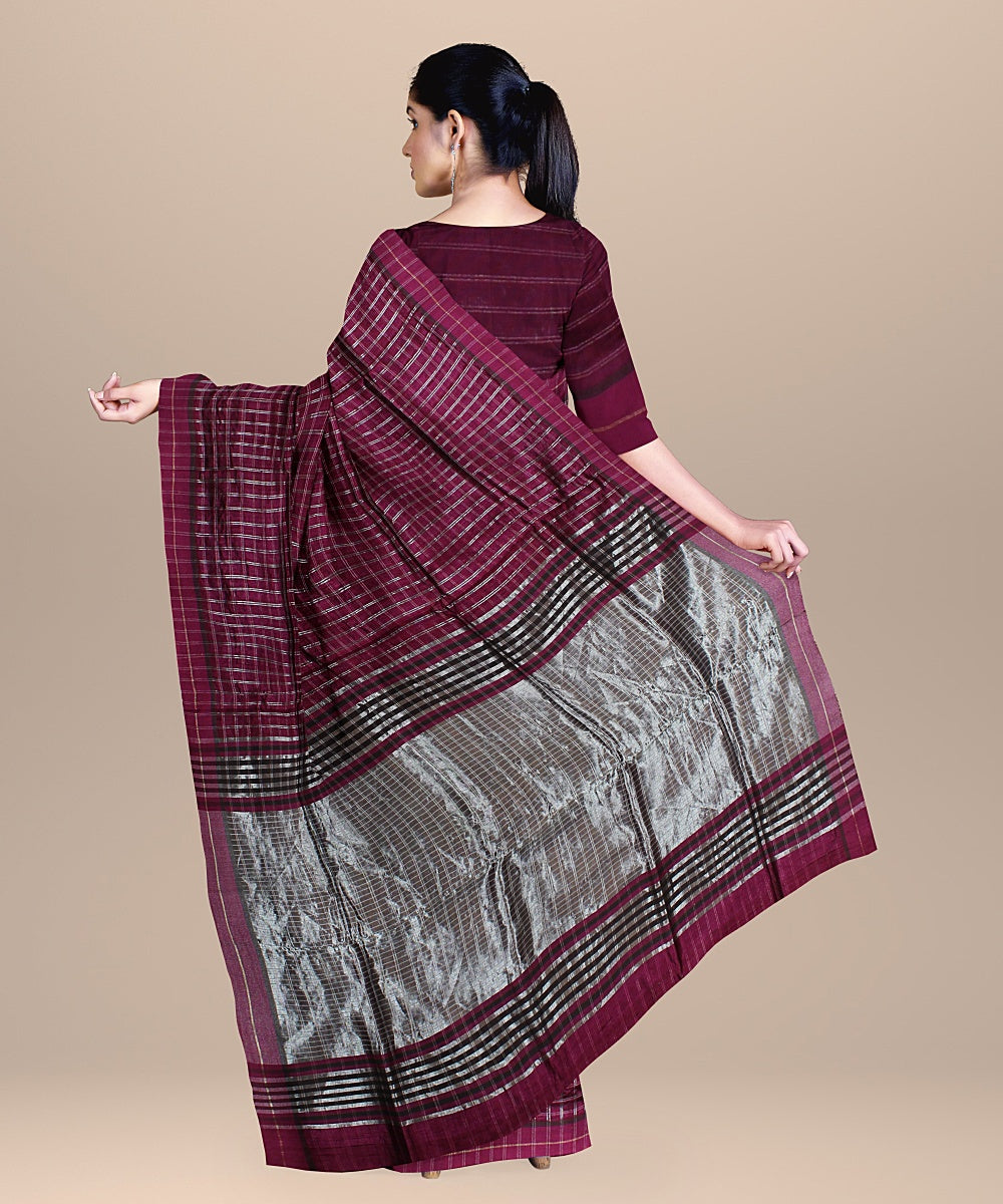 Purple checked raw silk handloom bhagalpur saree