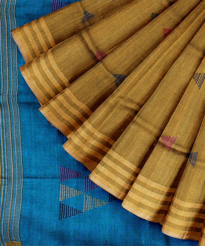 Light brown blue raw silk handloom bhagalpur saree