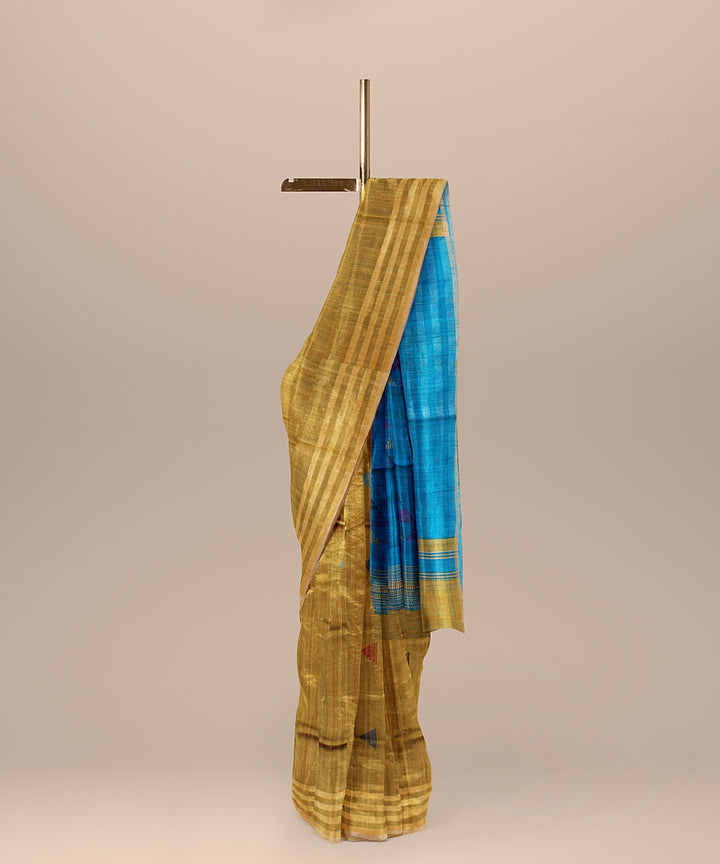 Light brown blue raw silk handloom bhagalpur saree