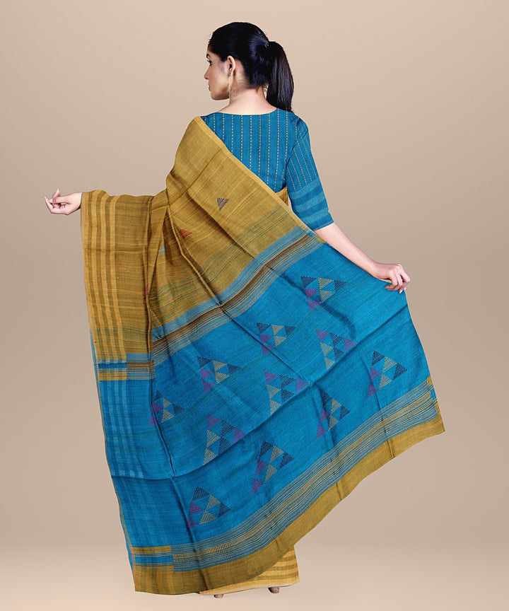 Light brown blue raw silk handloom bhagalpur saree