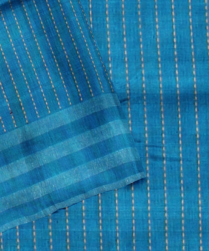 Light brown blue raw silk handloom bhagalpur saree