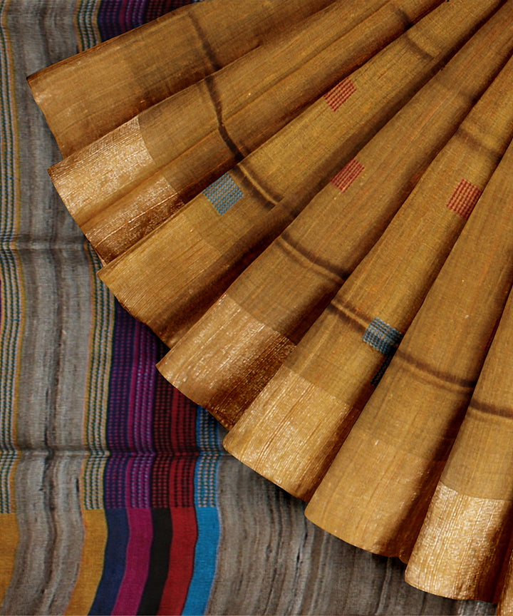 Brown multicolor raw silk handloom bhagalpur saree