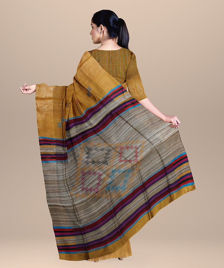 Brown multicolor raw silk handloom bhagalpur saree