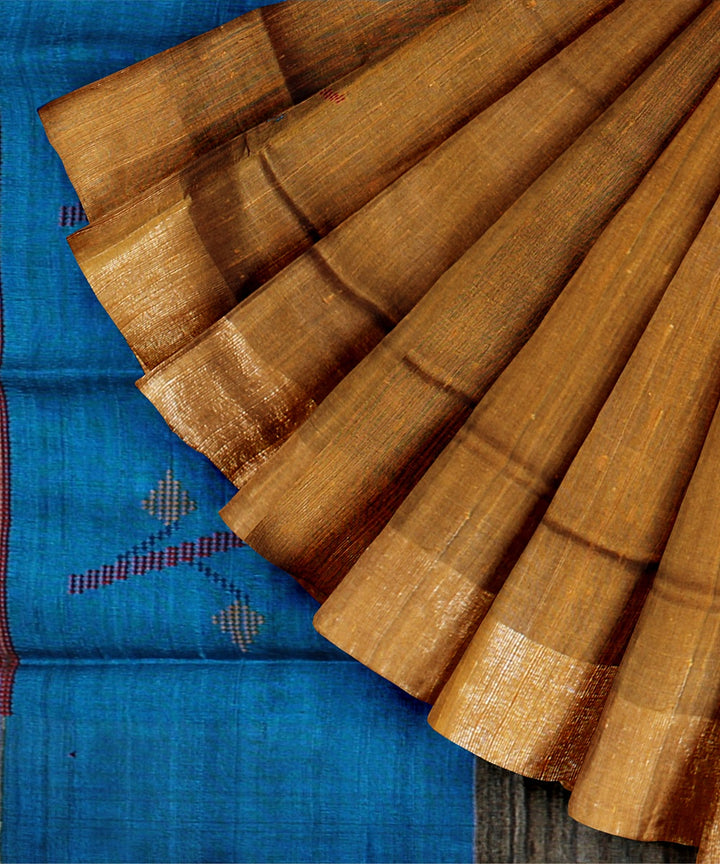 Brown cyan blue raw silk handloom bhagalpur saree