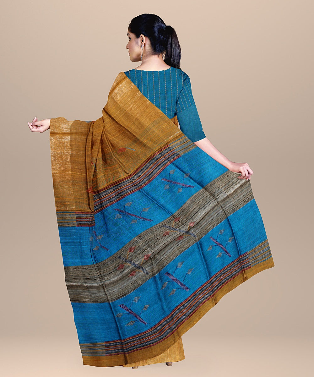 Brown cyan blue raw silk handloom bhagalpur saree