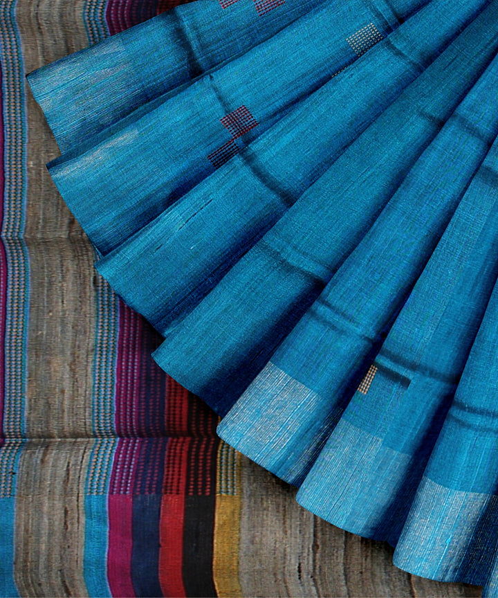 Cobalt blue multicolor raw silk handloom bhagalpur saree