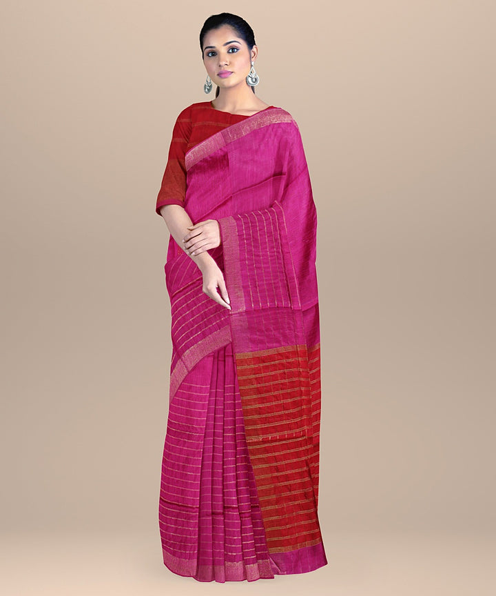 Cerise red raw silk handloom bhagalpur saree