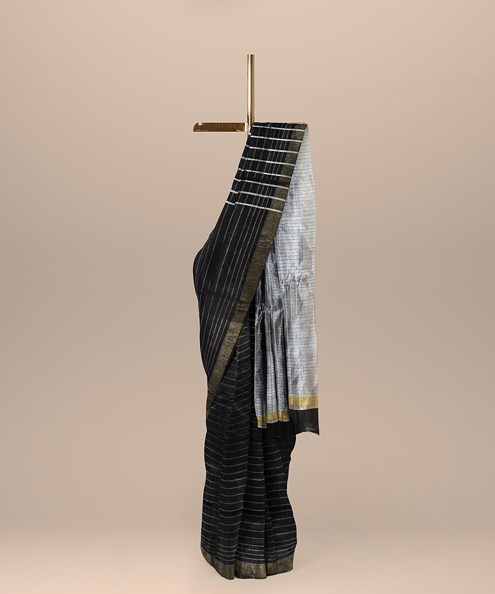 Black striped raw silk handloom bhagalpur saree