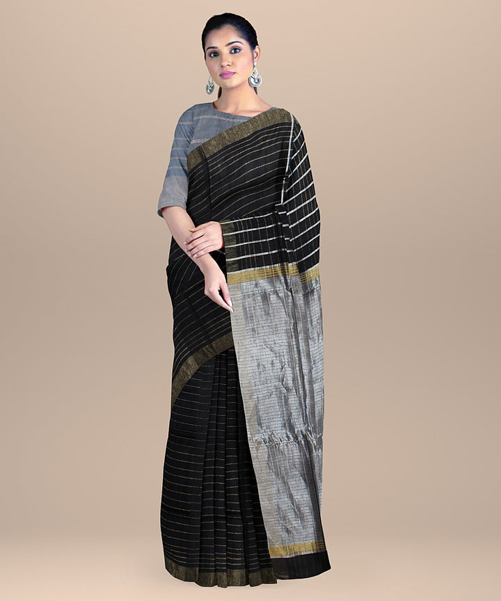 Black striped raw silk handloom bhagalpur saree