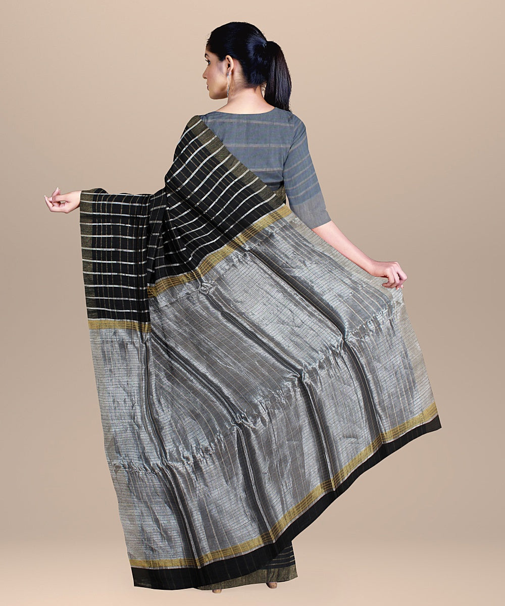 Black striped raw silk handloom bhagalpur saree