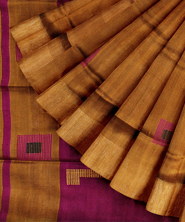 Brown magenta raw silk handloom bhagalpur saree