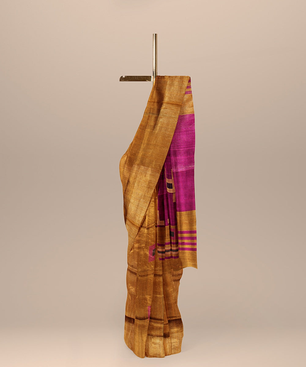 Brown magenta raw silk handloom bhagalpur saree