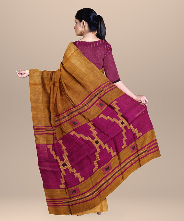 Brown magenta raw silk handloom bhagalpur saree