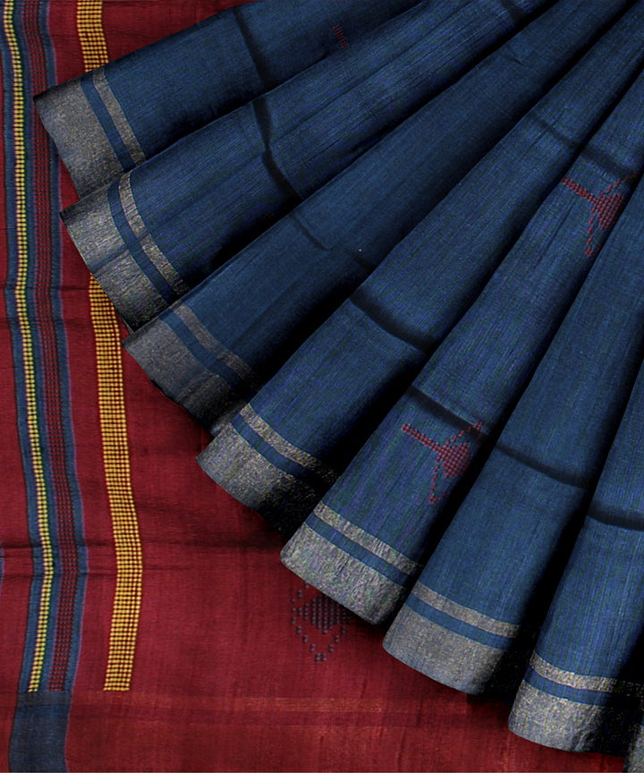 Egyptian blue maroon raw silk handloom bhagalpur saree