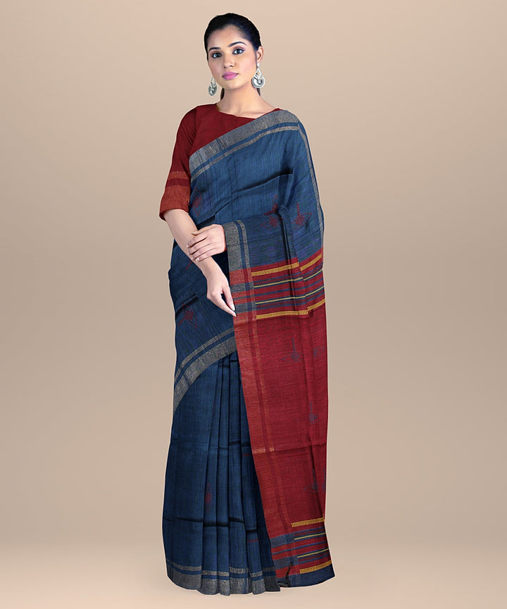 Egyptian blue maroon raw silk handloom bhagalpur saree