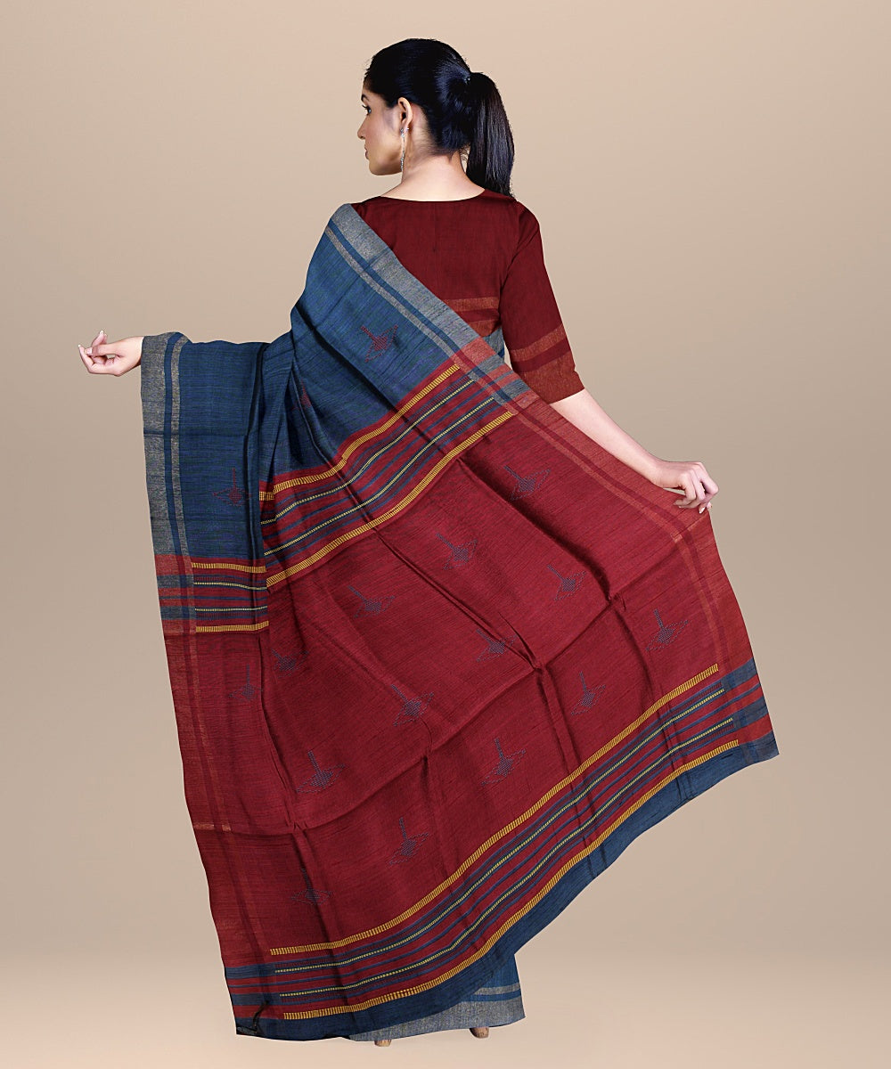 Egyptian blue maroon raw silk handloom bhagalpur saree