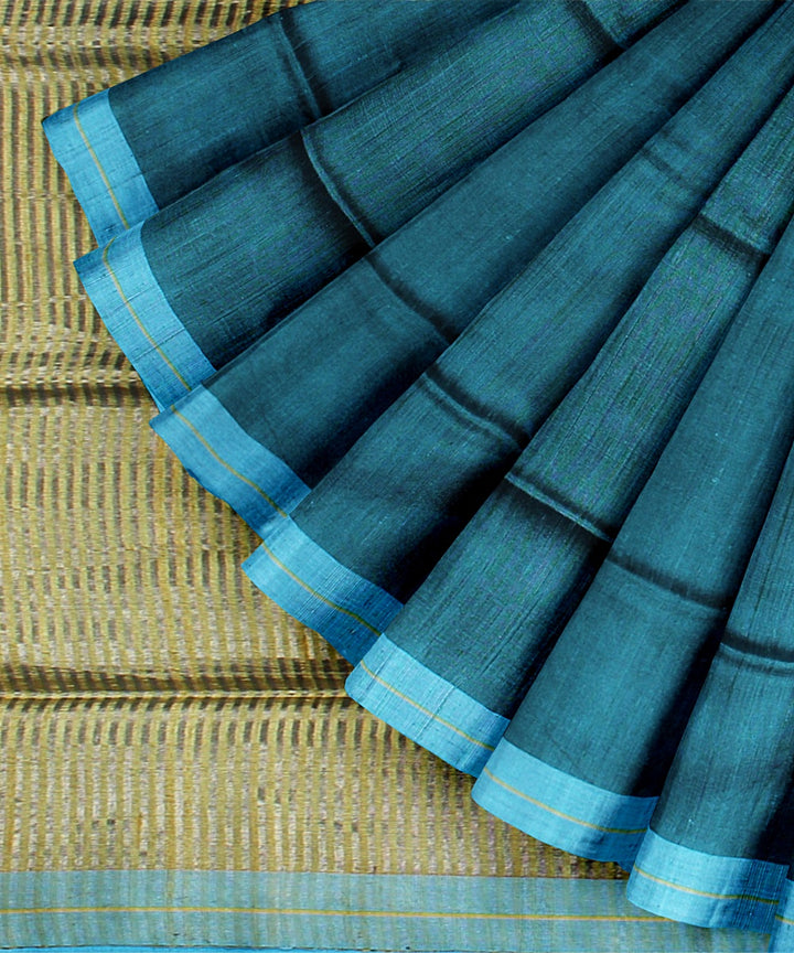 Cornflower blue golden stripe raw silk handloom bhagalpur saree