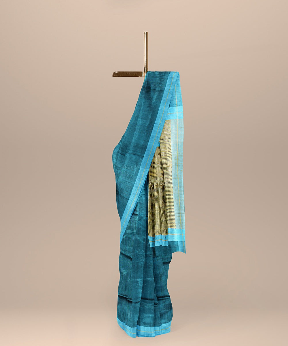 Cornflower blue golden stripe raw silk handloom bhagalpur saree