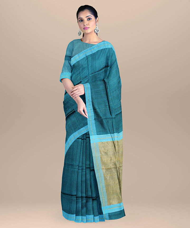 Cornflower blue golden stripe raw silk handloom bhagalpur saree