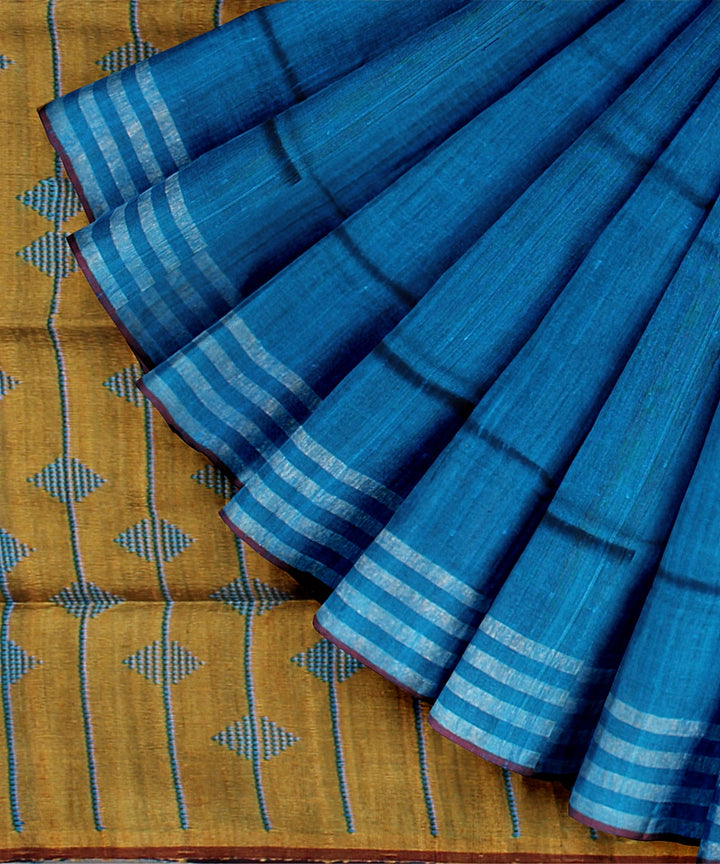 Bright blue brown raw silk handloom bhagalpur saree