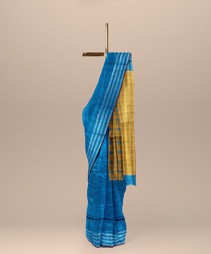 Bright blue brown raw silk handloom bhagalpur saree