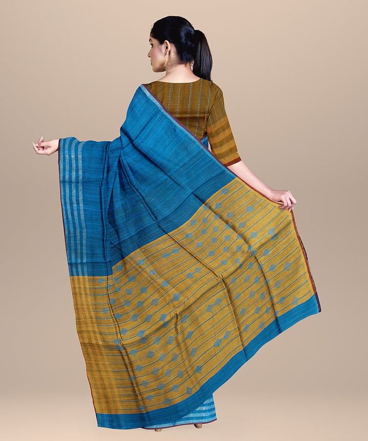 Bright blue brown raw silk handloom bhagalpur saree