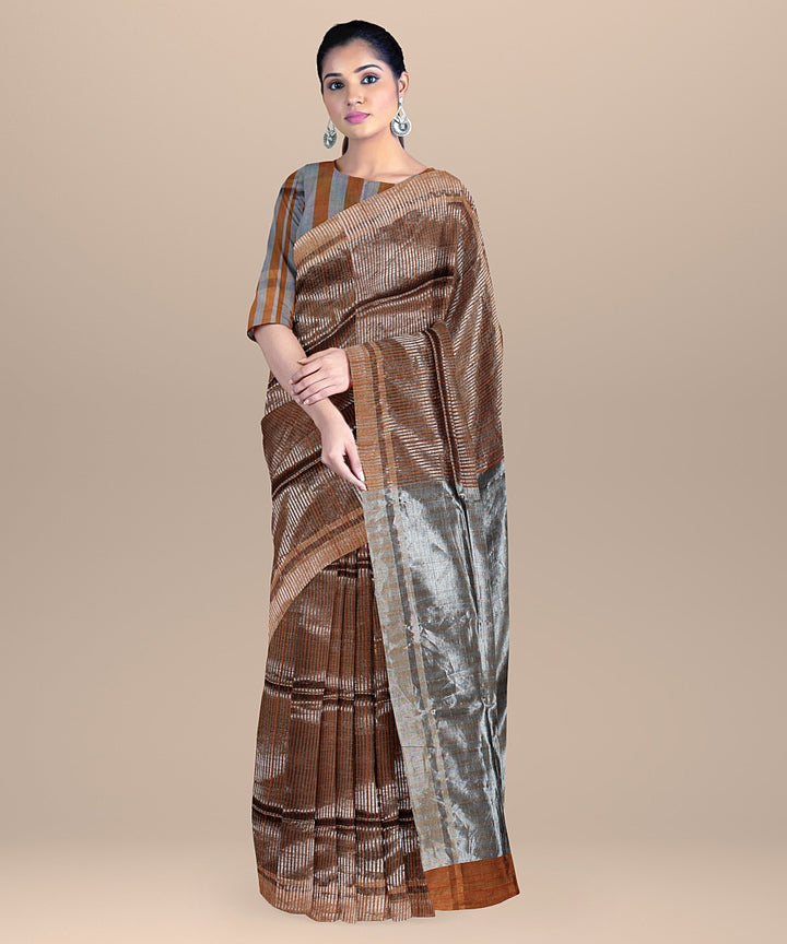 Brown grey raw silk handloom bhagalpur saree