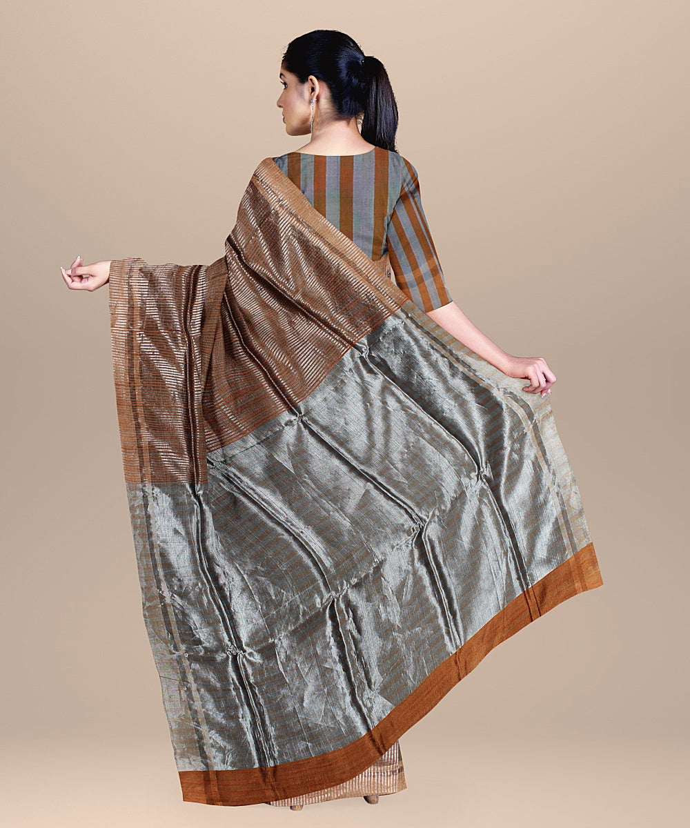 Brown grey raw silk handloom bhagalpur saree