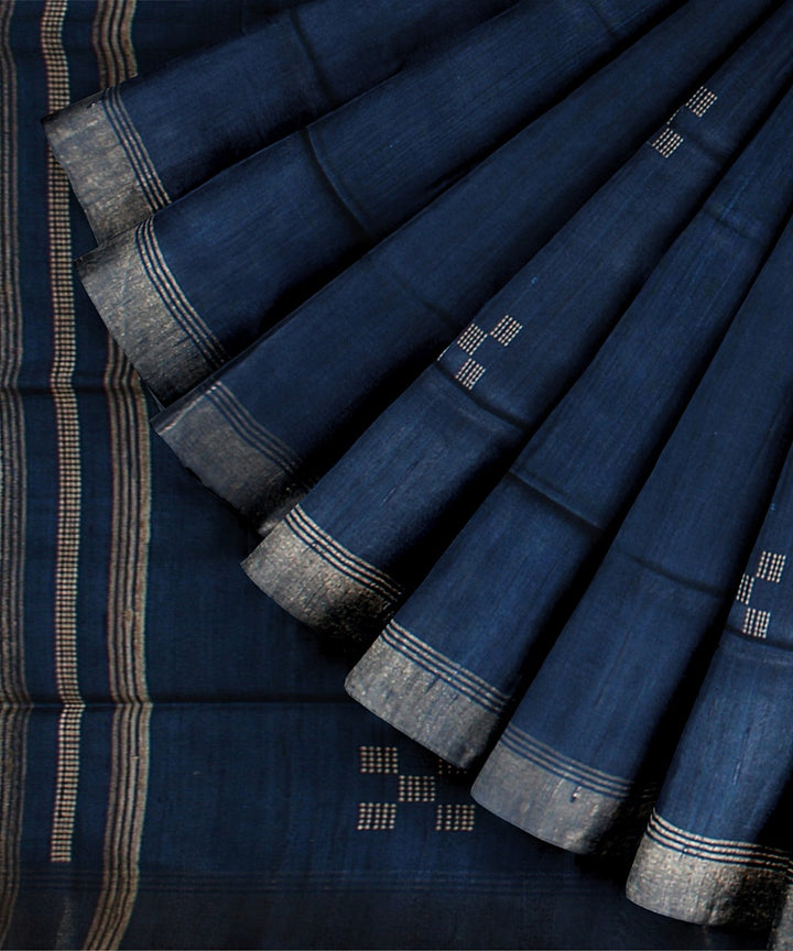 Midnight blue raw silk bhagalpur handloom saree